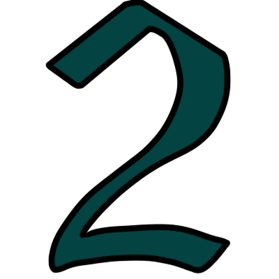 a gothic-style teal-coloured arabic numeral 2.